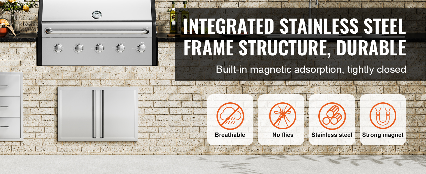 integrated stainless steel VEVOR bbq access door, breathable, no flies, strong magnet, tightly closed.