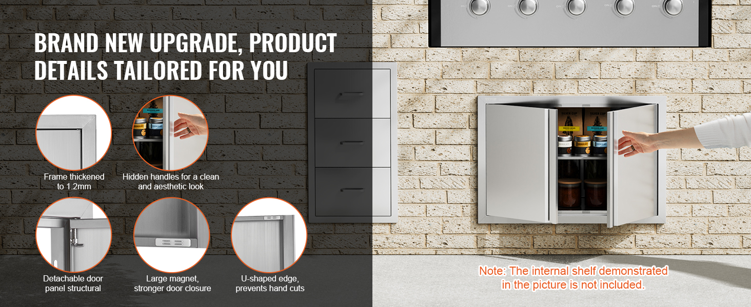 VEVOR bbq access door with thickened frame, hidden handles, and strong door closure, open to reveal jars.