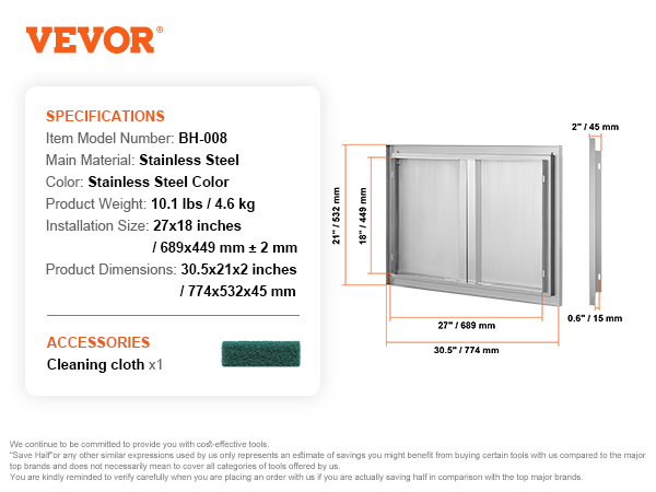 VEVOR bbq access door, stainless steel, dimensions 30.5x21x0.6 inches, includes cleaning cloth.