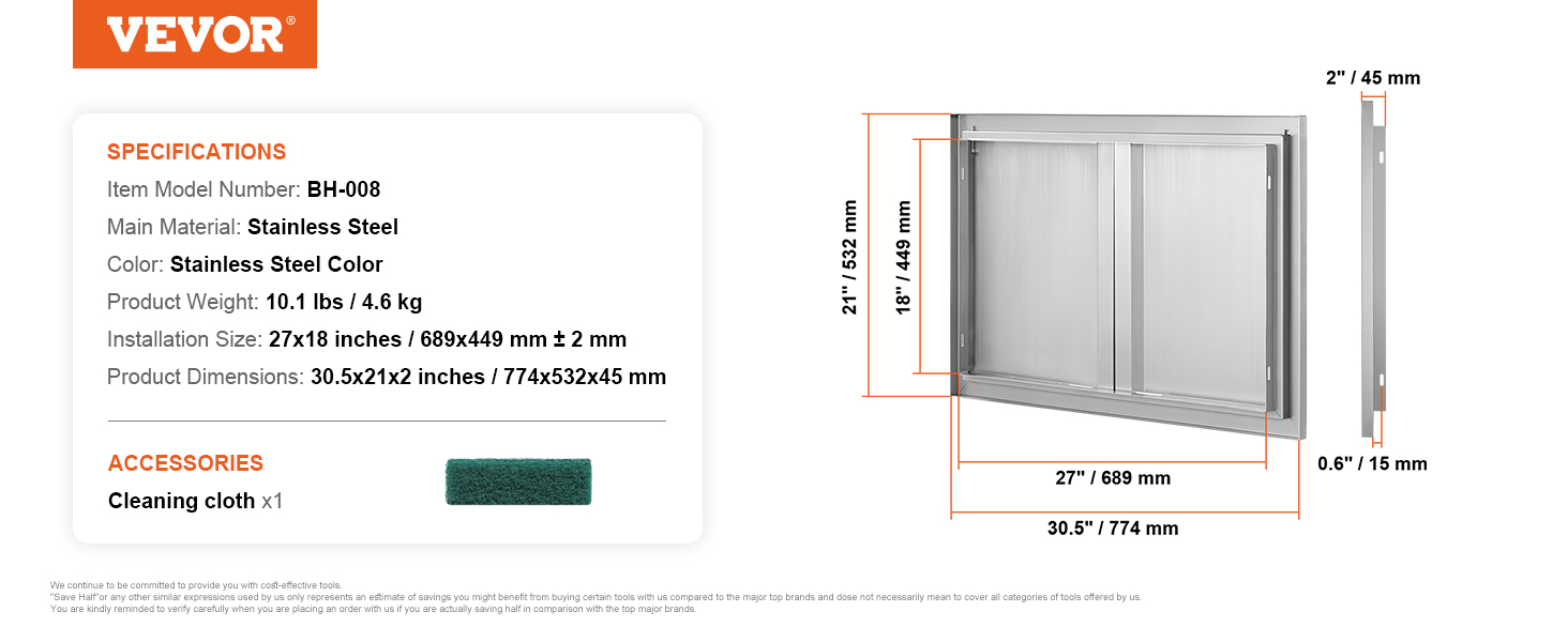 VEVOR bbq access door, stainless steel, dimensions 30.5x21x0.6 inches, includes cleaning cloth.