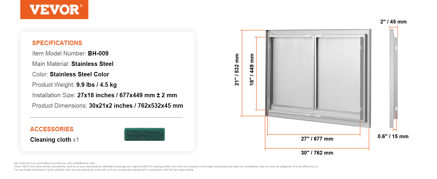 VEVOR bbq access door, stainless steel, model bh-009, dimensions 30x21x2 inches, includes cleaning cloth.