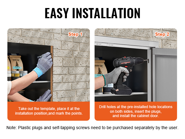 easy installation guide for VEVOR bbq access door, with drilling steps and required plastic plugs.