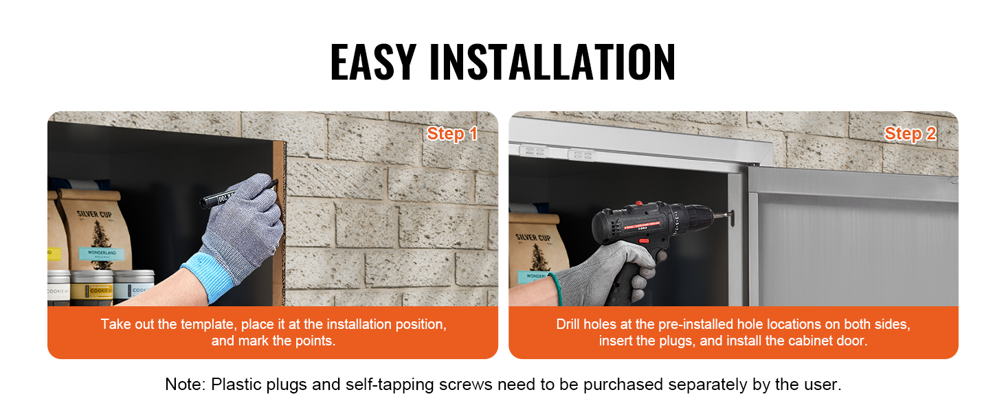 easy installation guide for VEVOR bbq access door, with drilling steps and required plastic plugs.