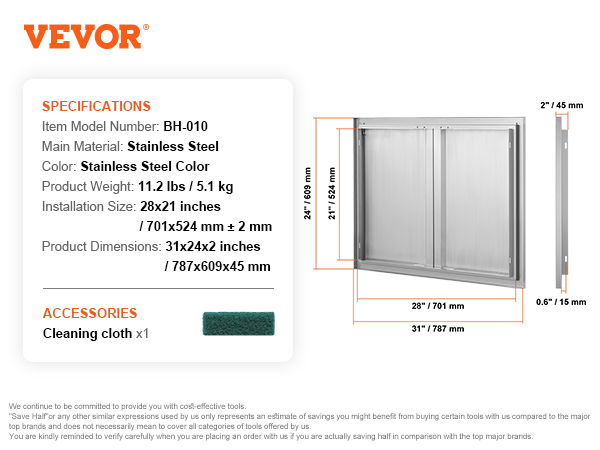 VEVOR bbq access door, stainless steel, dimensions: 31x24x2 inches, includes cleaning cloth. model bh-010.