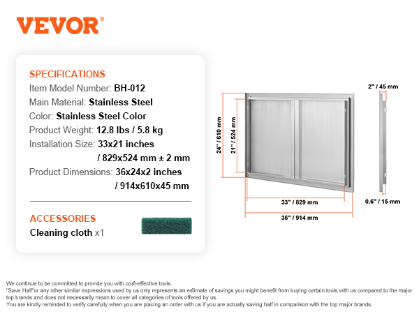 VEVOR bbq access door - stainless steel, 36x24x2 in, with 33x21 in installation size. model: bh-012.