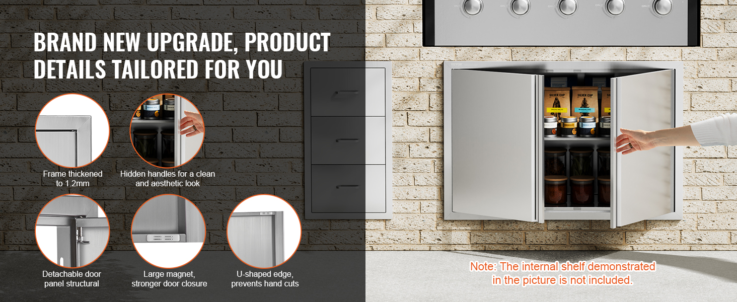 VEVOR bbq access door, thickened frame, hidden handles, detachable panels, and large magnetic closure.