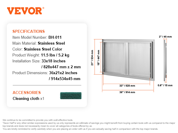 VEVOR bbq access door stainless steel, 36x21x2 inches, with dimensions and cleaning cloth included.