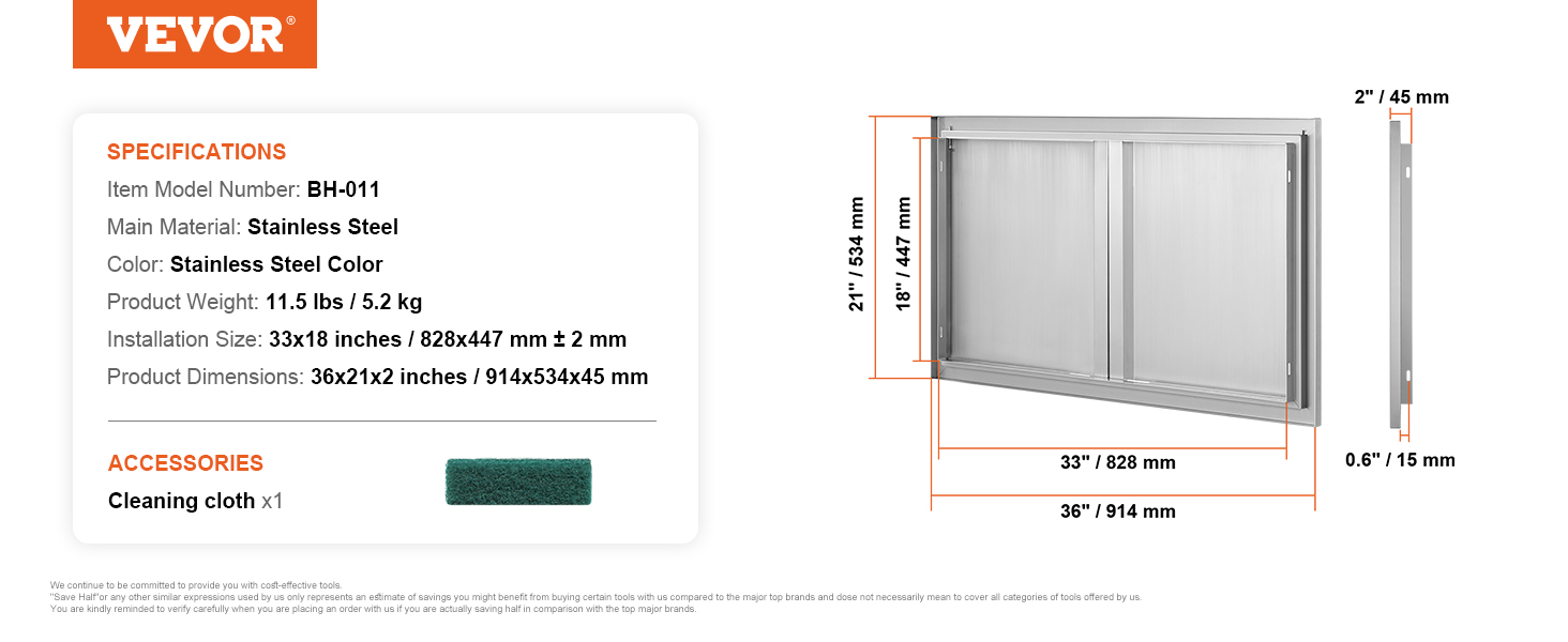 VEVOR bbq access door stainless steel, 36x21x2 inches, with dimensions and cleaning cloth included.