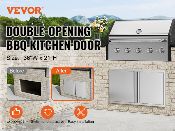 VEVOR bbq access door double-opening, 36"w x 21"h, stylish stainless steel installation.