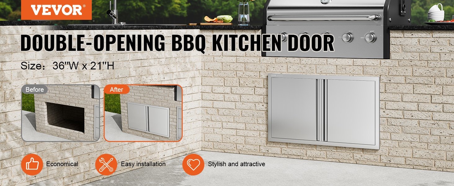 VEVOR bbq access door double-opening, 36"w x 21"h, stylish stainless steel installation.