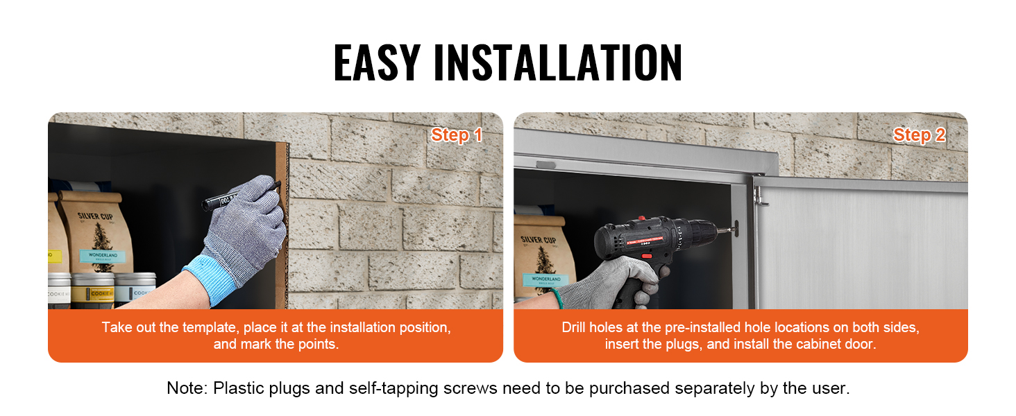 VEVOR bbq access door installation guide: marking points and drilling holes for easy setup.