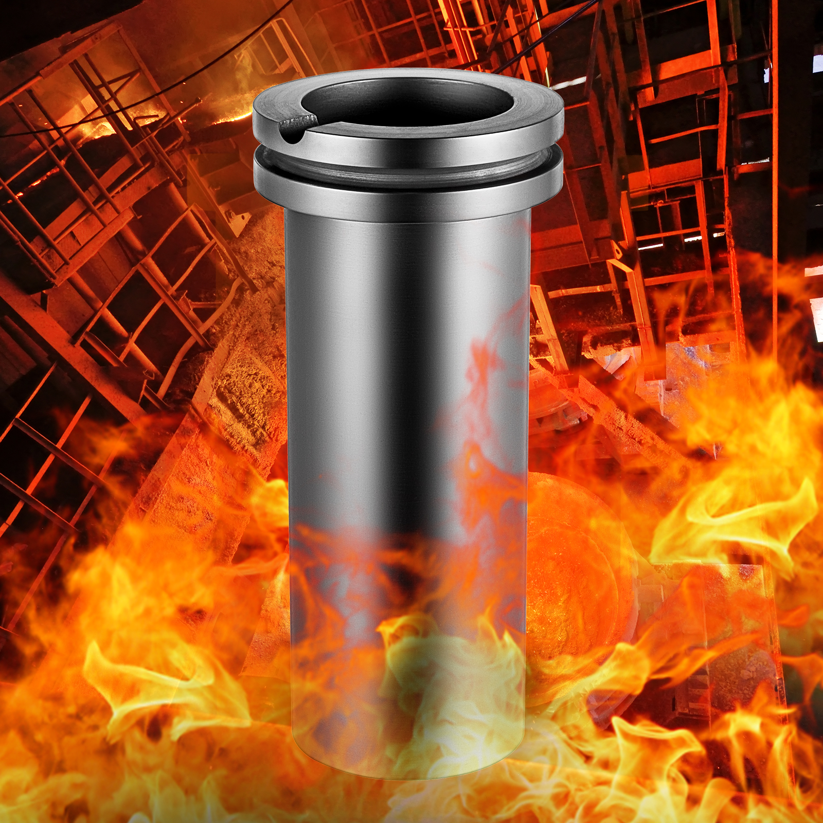 VEVOR graphite crucible in fiery industrial setting with orange flames.