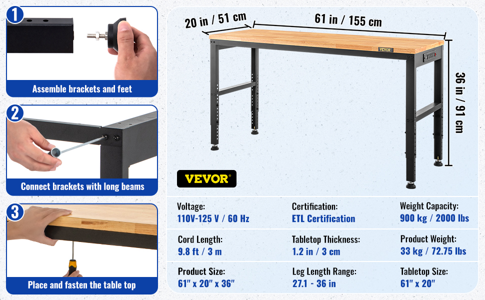 VEVOR adjustable workbench with 900kg capacity, 61"x20" tabletop, and etl certification.