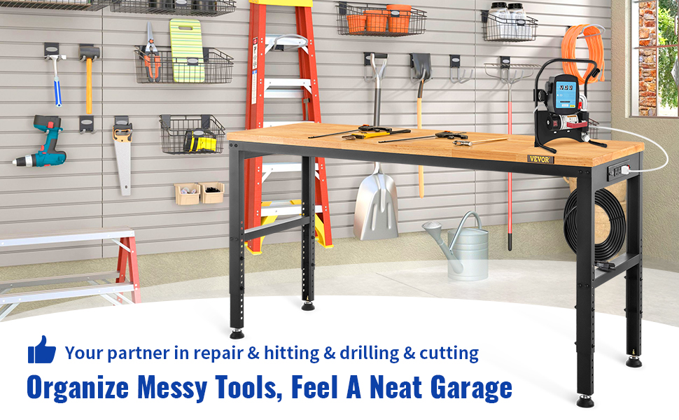 VEVOR adjustable workbench in organized garage with tools, ladder, and storage solutions.