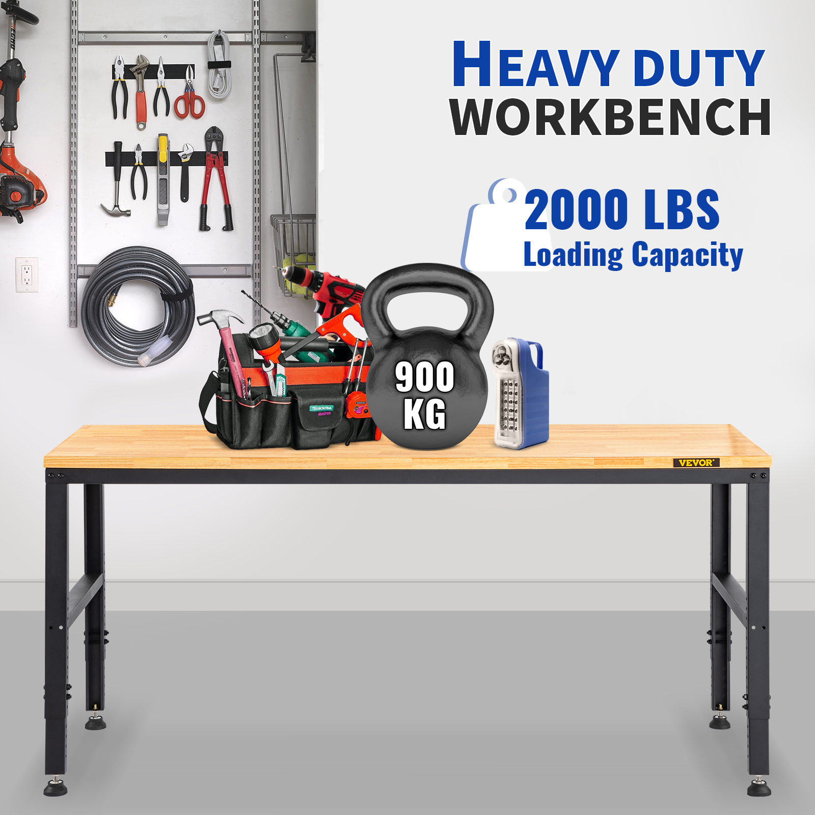 heavy-duty VEVOR adjustable workbench with tools, 900kg kettlebell, 2000 lbs loading capacity.