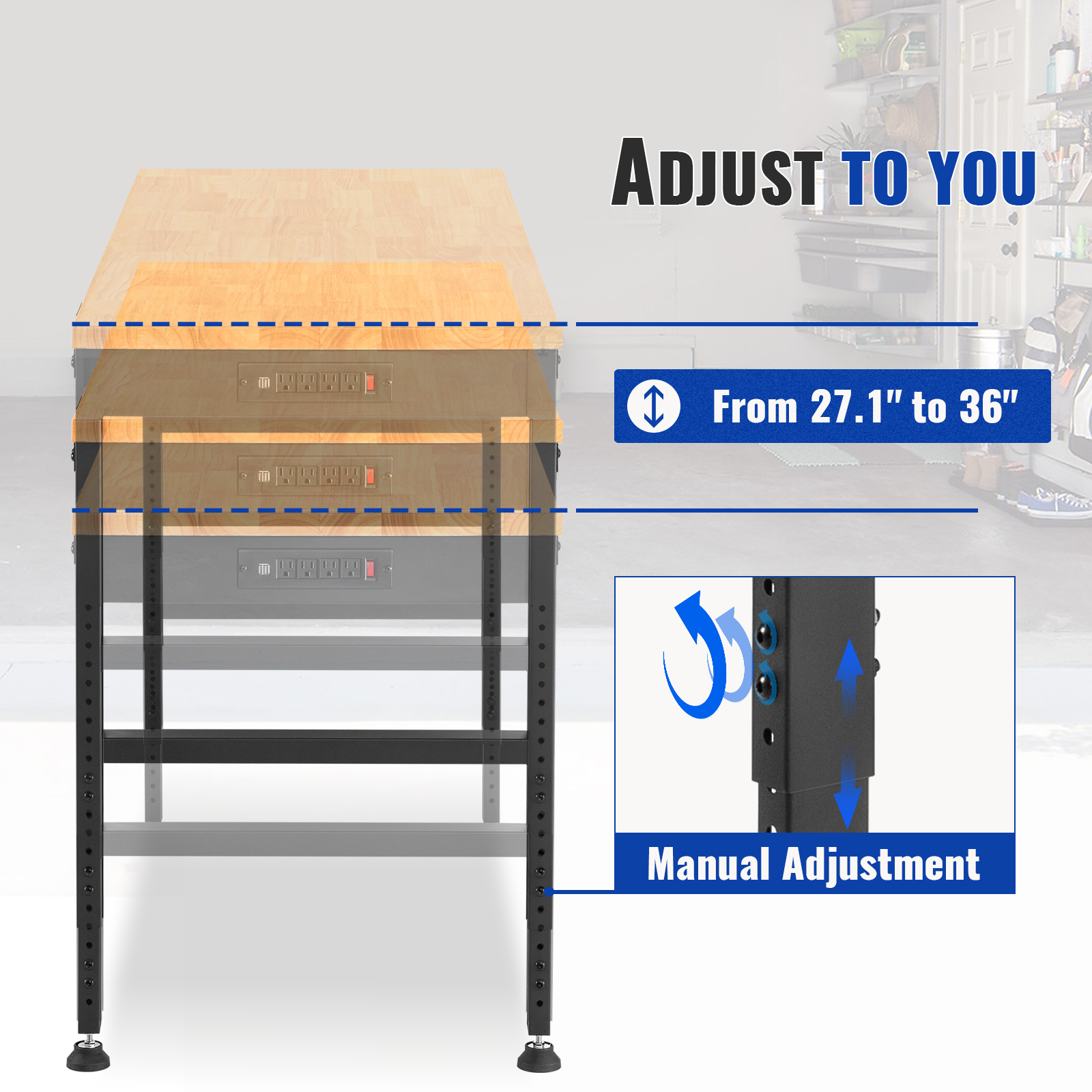 VEVOR adjustable workbench with height range from 27.1" to 36", manual adjustment feature shown.