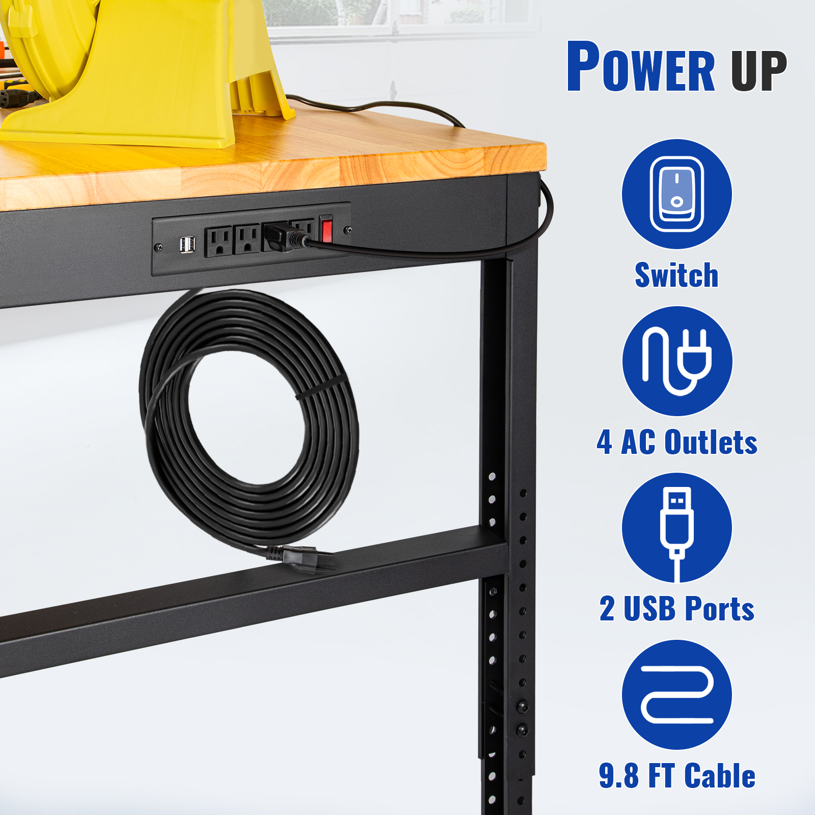VEVOR adjustable workbench with switch, 4 ac outlets, 2 usb ports, and 9.8 ft cable for power tools.