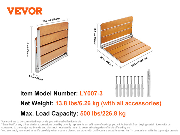 VEVOR folding teak shower seat with hardware, dimensions, and installation kit details. load capacity 500 lbs.