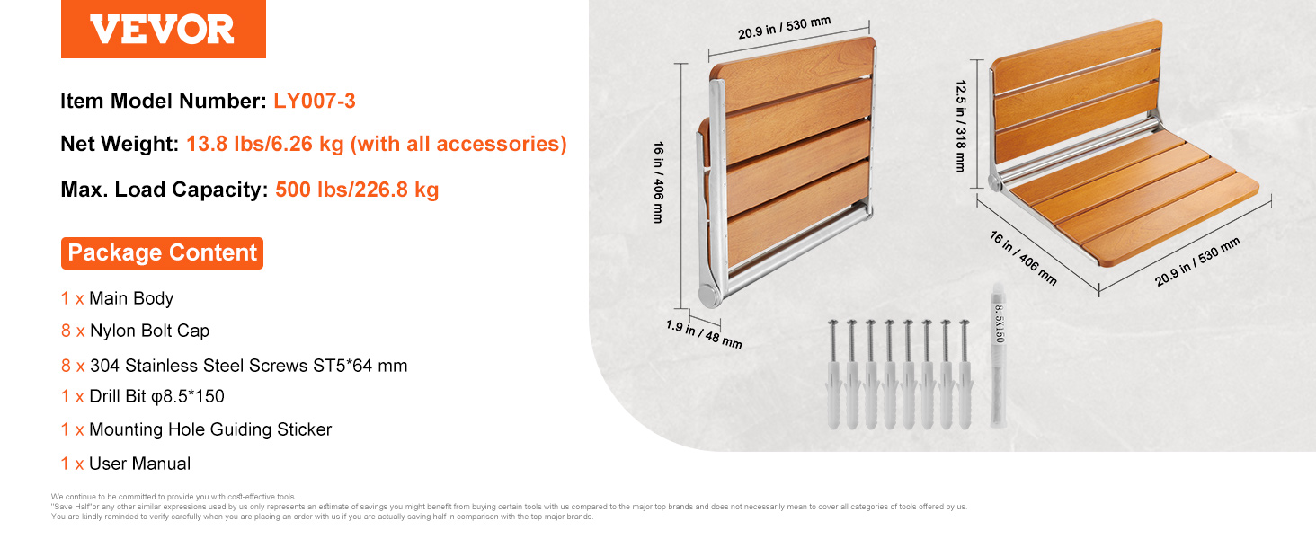 VEVOR folding teak shower seat with hardware, dimensions, and installation kit details. load capacity 500 lbs.