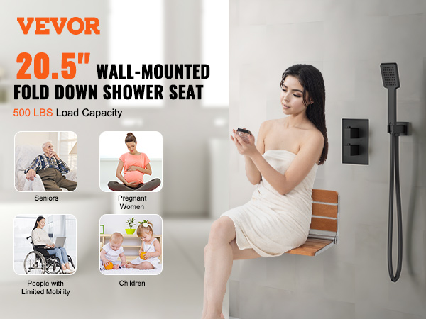 VEVOR folding teak shower seat, 20.5" wall-mounted, fold-down, 500 lb load capacity, suitable for seniors, pregnant women