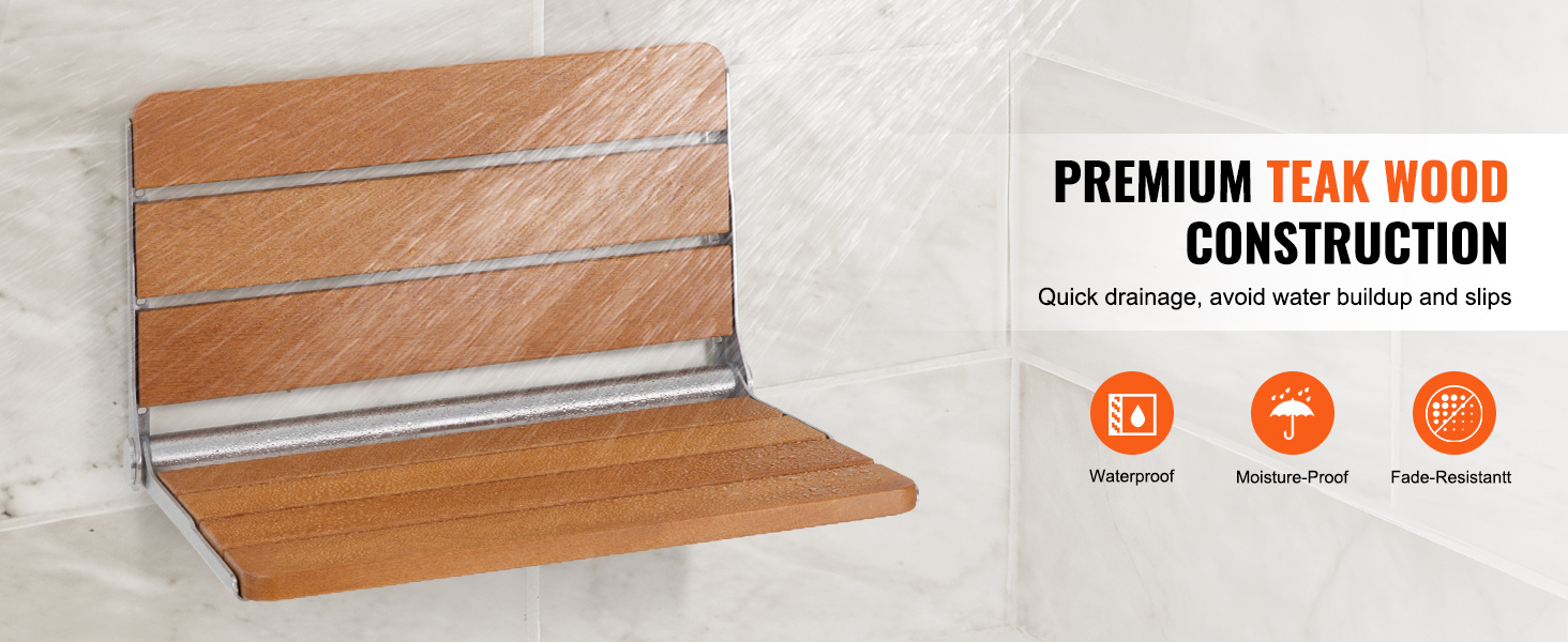 VEVOR folding teak shower seat with waterproof, moisture-proof, and fade-resistant teak wood construction.