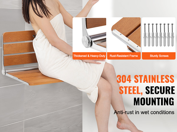 woman sitting on VEVOR folding teak shower seat with secure mounting, thickened frame, and sturdy screws.