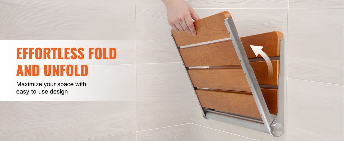 VEVOR folding teak shower seat mounted on wall with a hand folding the wooden slats, space-saving design.