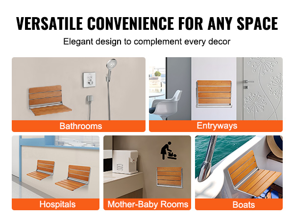 VEVOR folding teak shower seat mounted in bathrooms, entryways, hospitals, mother-baby rooms, and boats.