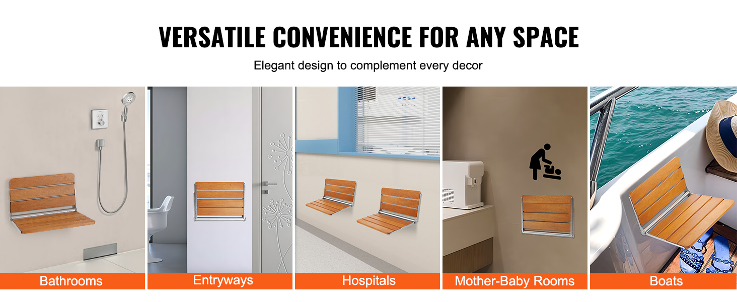 VEVOR folding teak shower seat mounted in bathrooms, entryways, hospitals, mother-baby rooms, and boats.