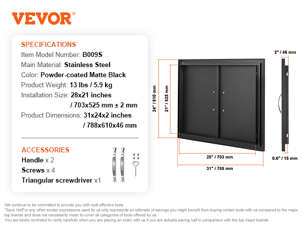 VEVOR BBQ piekļuves durvis, matēts melns, nerūsējošais tērauds, izmēri 31x24x2 collas, ietilpst rokturi un skrūves.