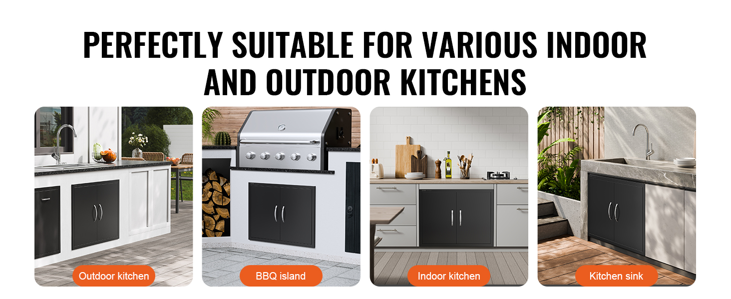 VEVOR BBQ piekļuves durvis ar četriem iestatījumiem: āra virtuve, BBQ sala, iekštelpu virtuve un virtuves izlietne.