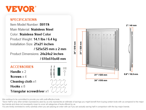 VEVOR bbq access door, stainless steel, 24"x24", handles, screws, hooks, cleaning cloth, screwdriver.