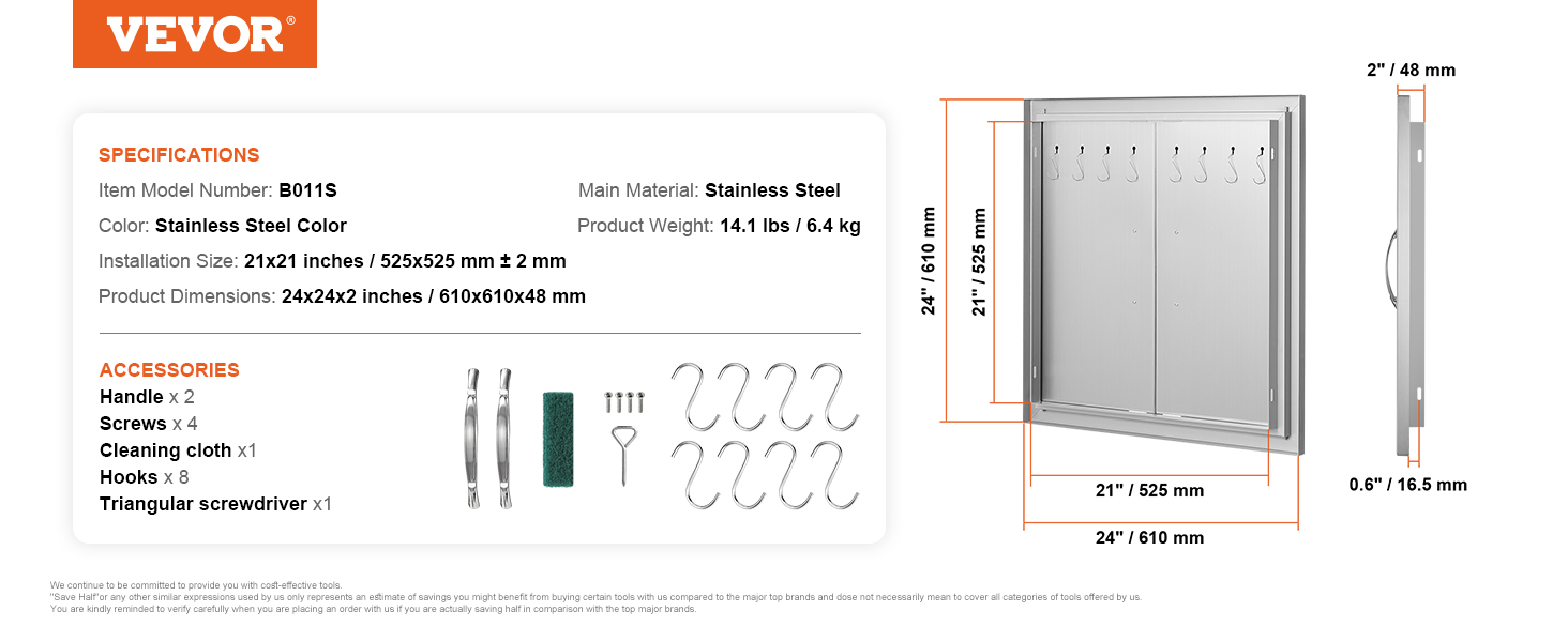 VEVOR bbq access door, stainless steel, 24"x24", handles, screws, hooks, cleaning cloth, screwdriver.