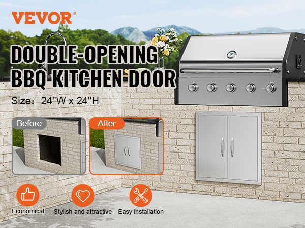 VEVOR bbq access door: double-opening stainless steel doors in an outdoor kitchen island with a brick finish.