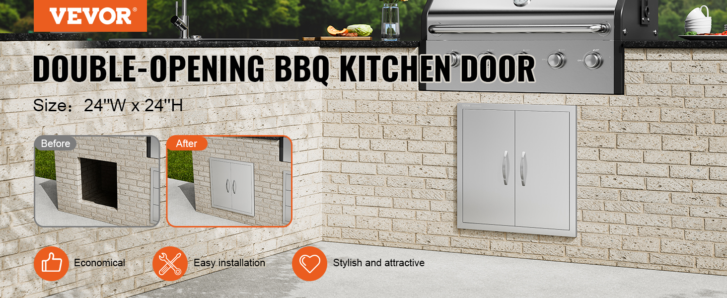 VEVOR bbq access door: double-opening stainless steel doors in an outdoor kitchen island with a brick finish.