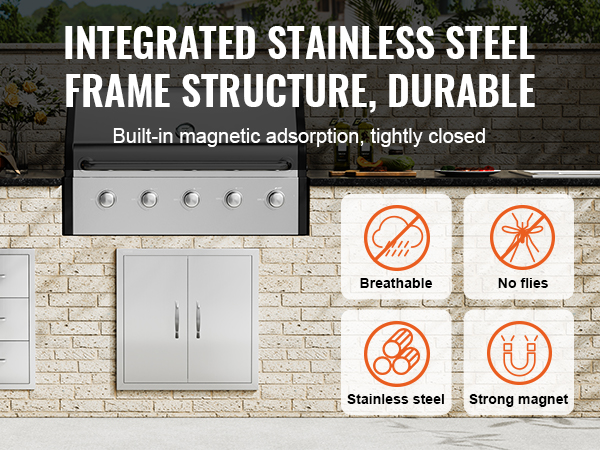 integrated stainless steel bbq setup with VEVOR bbq access door, drawers, and grill on brick wall.