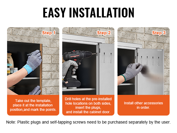 easy installation steps for VEVOR bbq access door: mark points, drill holes, and install accessories.