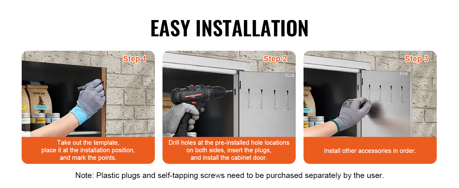 easy installation steps for VEVOR bbq access door: mark points, drill holes, and install accessories.