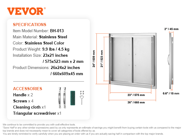 VEVOR bbq access door, stainless steel, dimensions 26x24 inches, with handles and hardware.