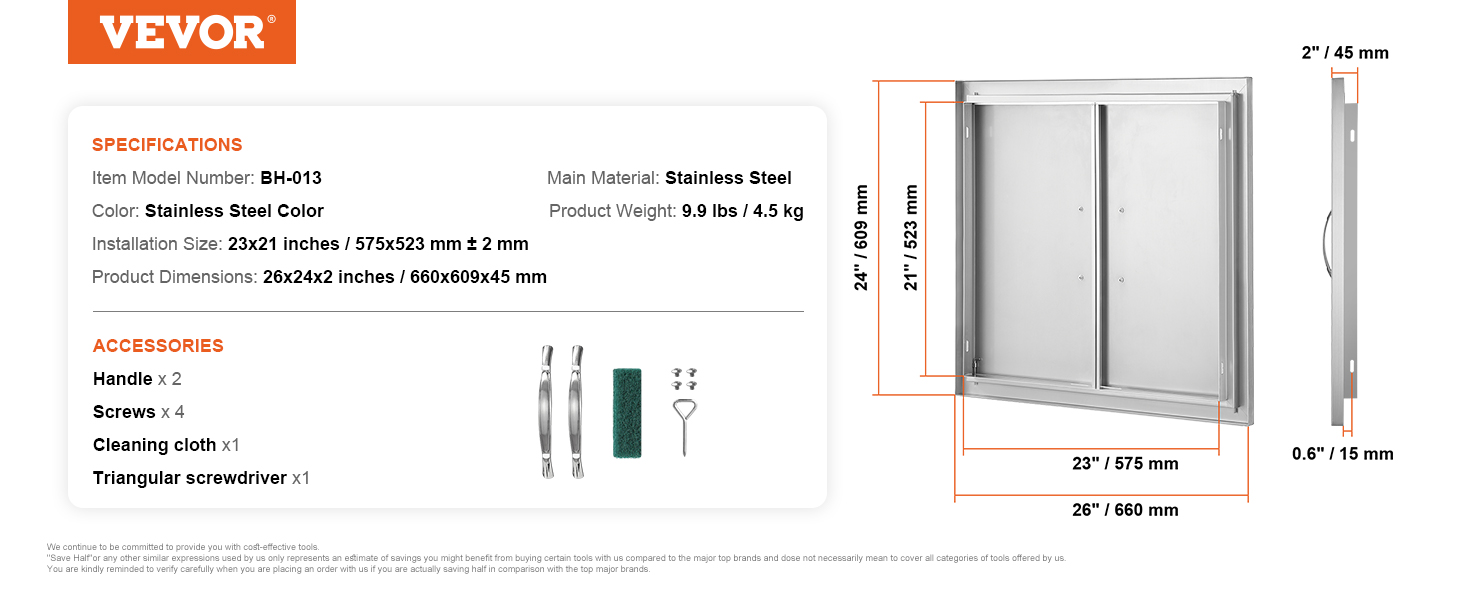 VEVOR bbq access door, stainless steel, dimensions 26x24 inches, with handles and hardware.