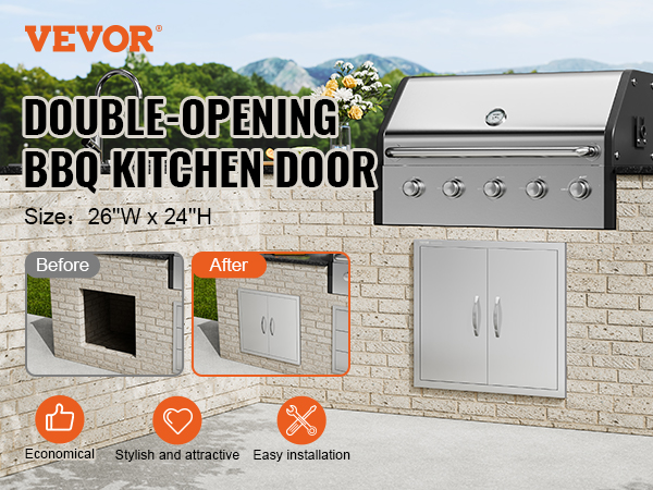 VEVOR bbq access door, double-opening, stainless steel, easy installation, 26”w x 24”h, in outdoor kitchen.
