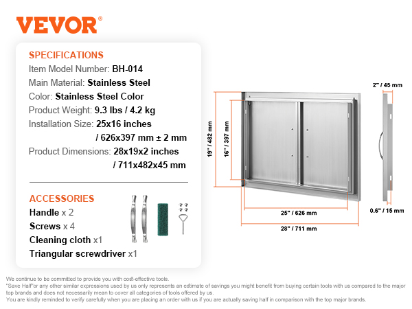 VEVOR bbq access door, stainless steel, 28x19x2 inches; includes handles, screws, cleaning cloth, screwdriver.