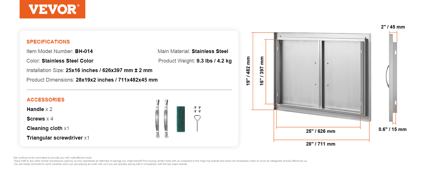 VEVOR bbq access door, stainless steel, 28x19x2 inches; includes handles, screws, cleaning cloth, screwdriver.