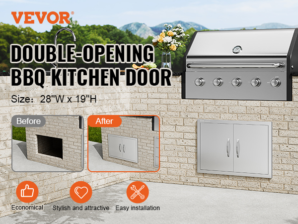 VEVOR bbq access door, double-opening, before and after installation, size 28"w x 19"h, easy installation.