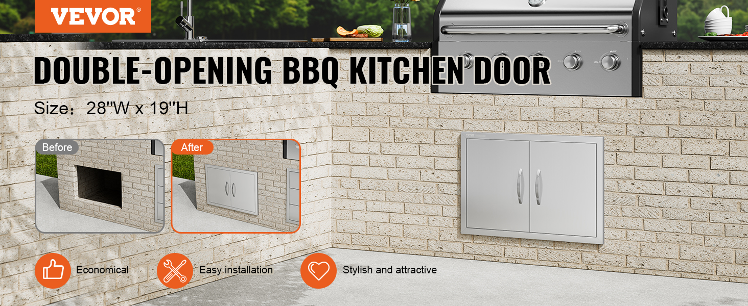 VEVOR bbq access door, double-opening, before and after installation, size 28"w x 19"h, easy installation.