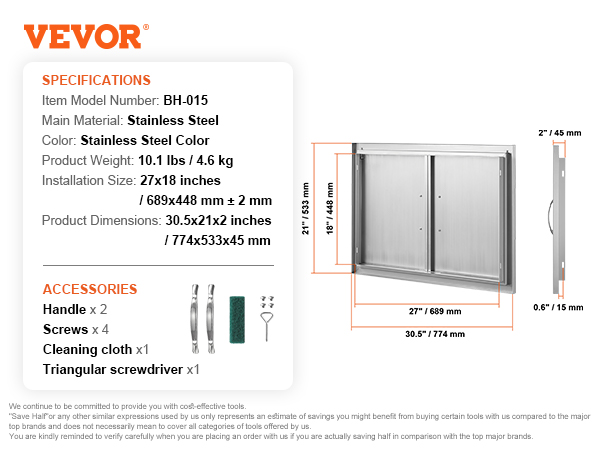 VEVOR bbq access door, stainless steel, 27x18 inches, includes handles, screws, cleaning cloth, screwdriver.
