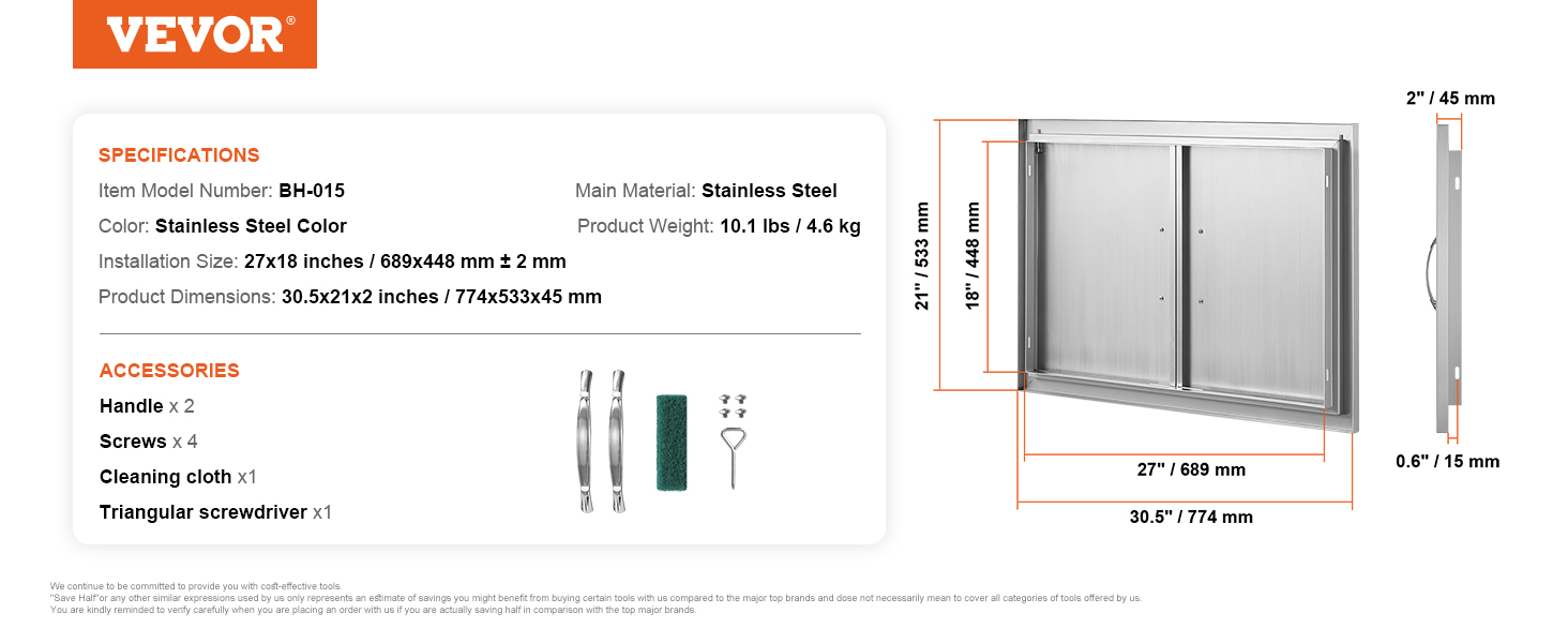 VEVOR bbq access door, stainless steel, 27x18 inches, includes handles, screws, cleaning cloth, screwdriver.