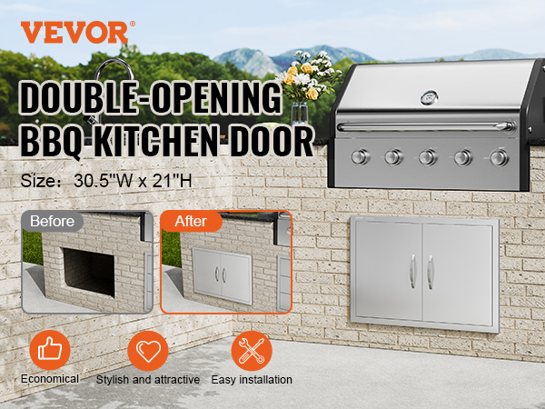 VEVOR bbq access door in outdoor kitchen setting, showing before and after installation.