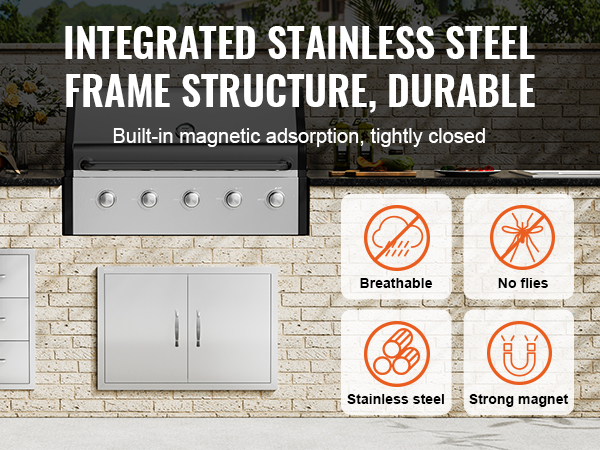 VEVOR bbq access door with stainless steel frame, magnetic closure, breathable, and no flies icons.
