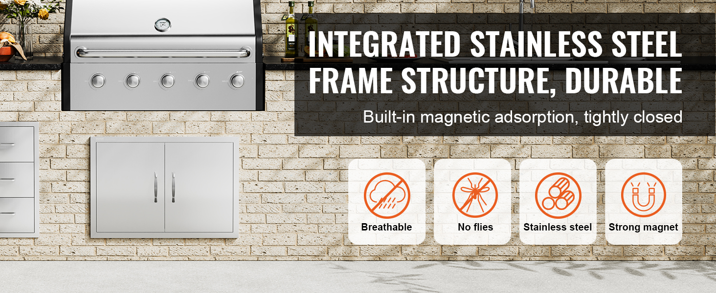 VEVOR bbq access door with stainless steel frame, magnetic closure, breathable, and no flies icons.